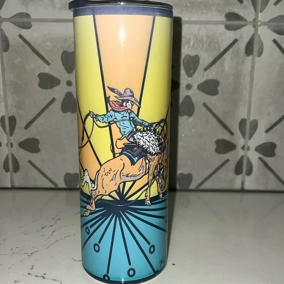 THE WHOLE HERD metal cowboy motif tall tumbler. Like new - Picture 1 of 8